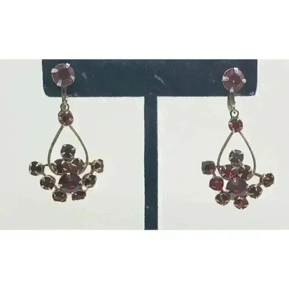 Earrings Cherry Red Long Dangle cluster Rhinestone Vintage Screw Chandelier